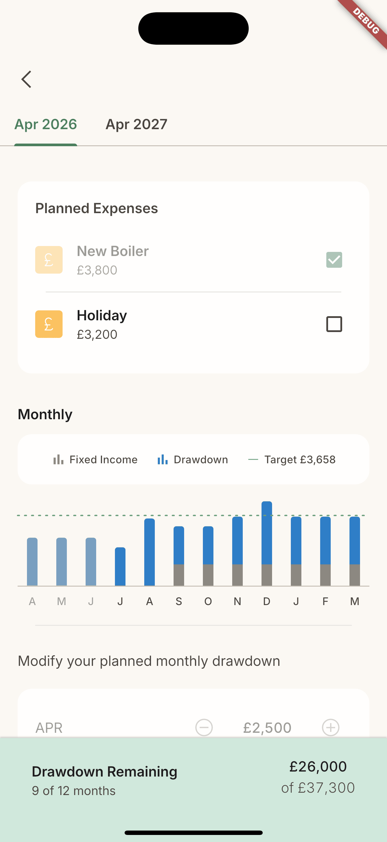 Budget tracking screen in Retirement Runner