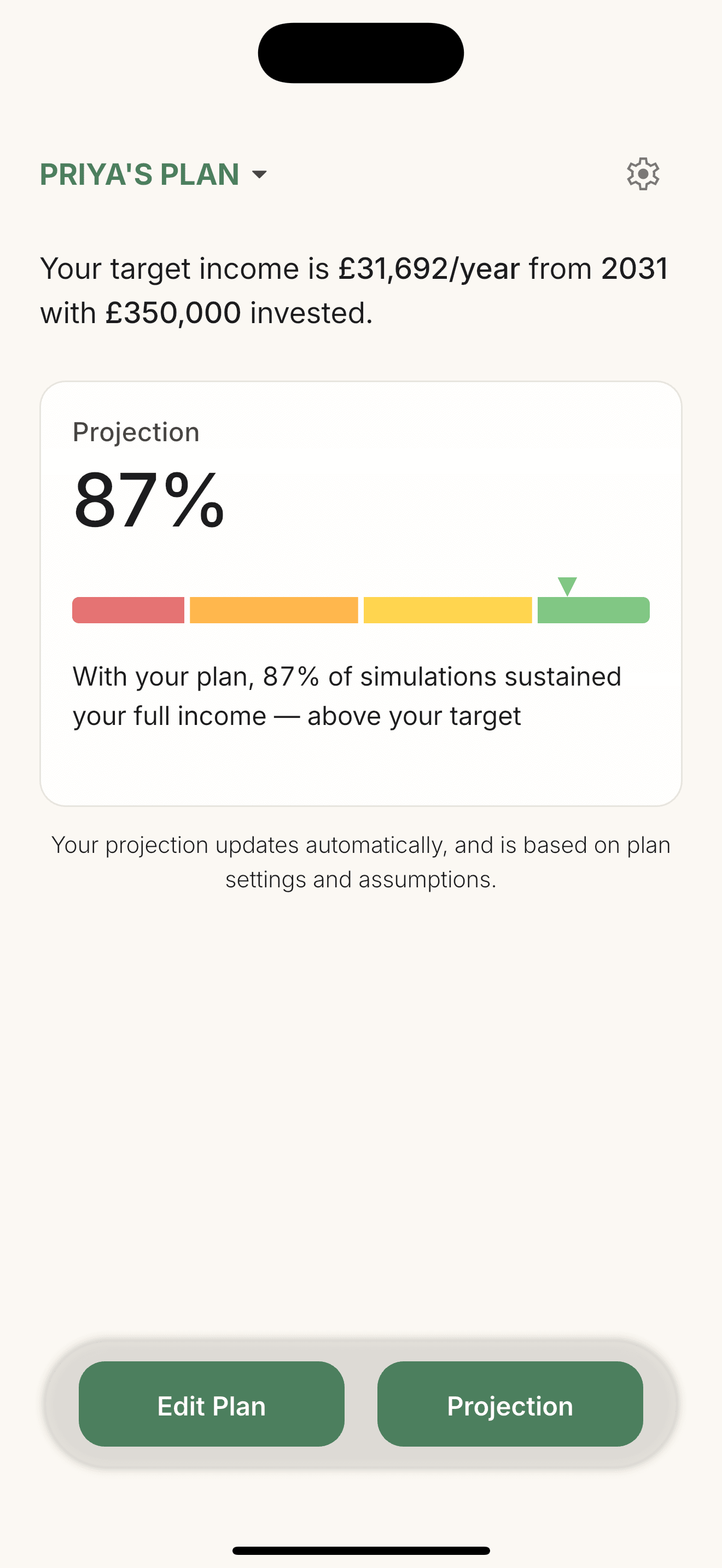 Retirement Runner free tier dashboard showing retirement projections