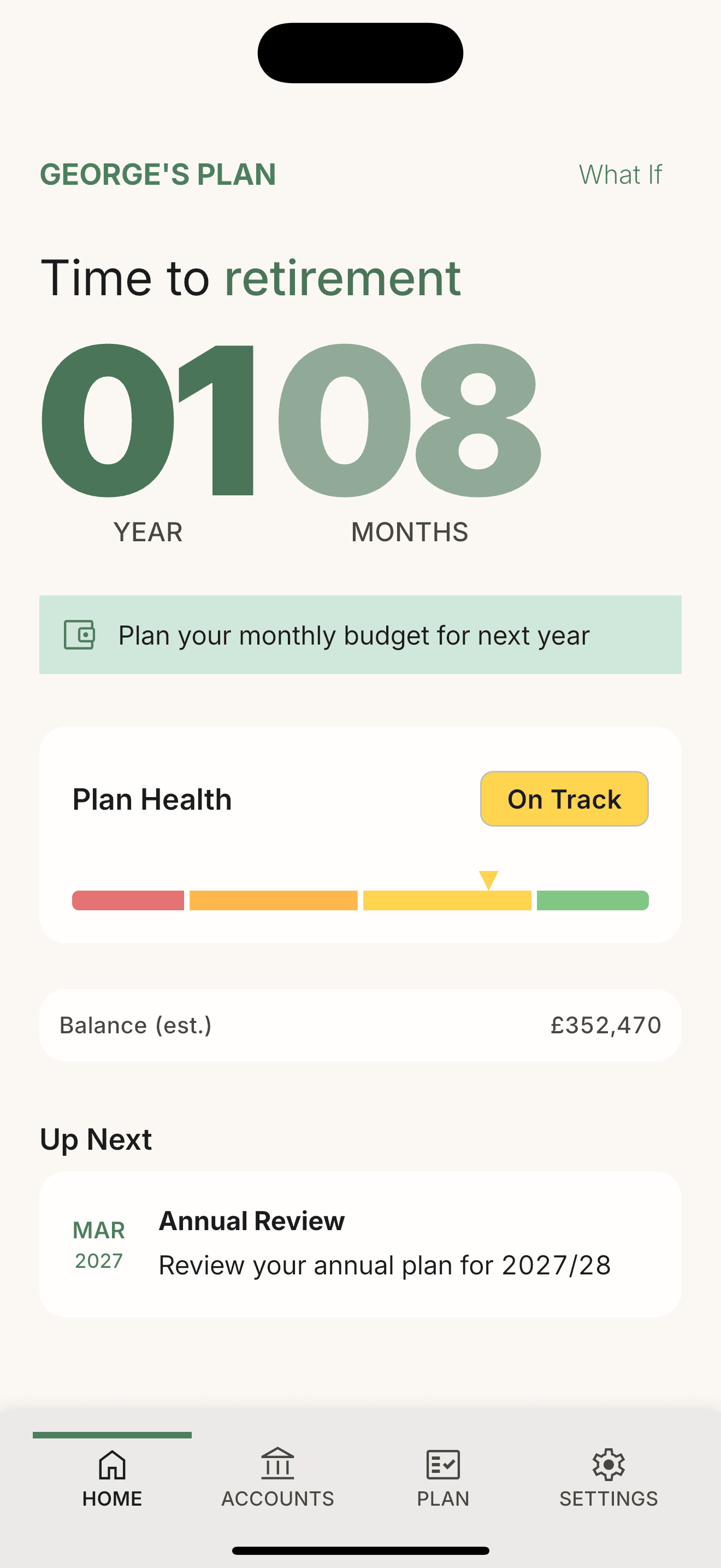 Retirement Runner dashboard before retirement, showing countdown and plan status