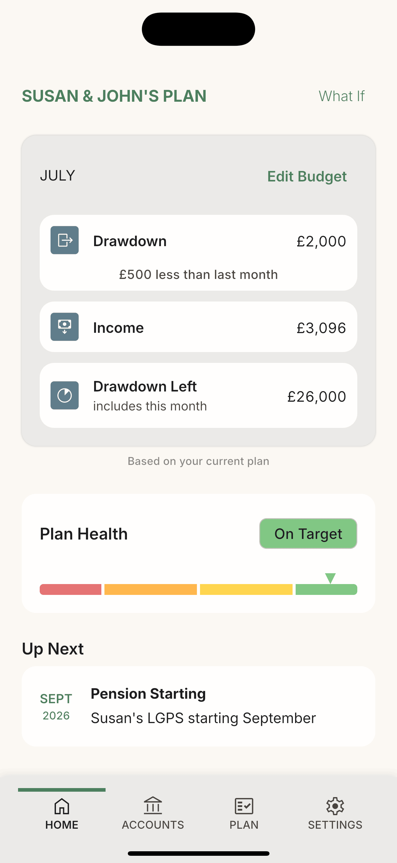 Retirement Runner dashboard after retirement, showing drawdown and plan status
