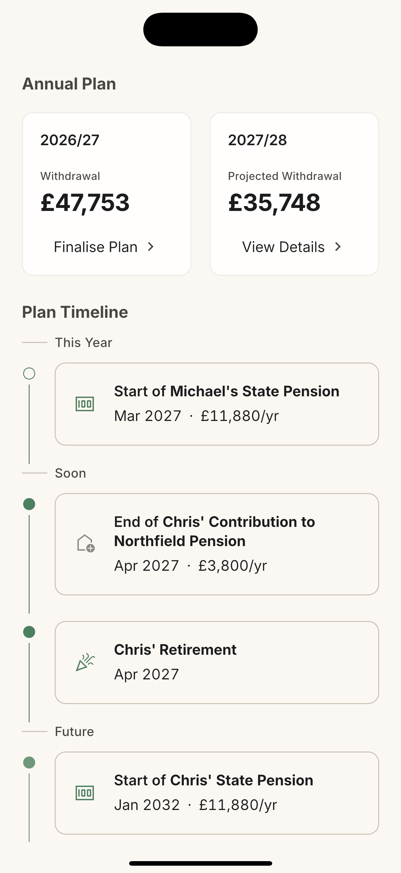 Plan timeline screen in Retirement Runner